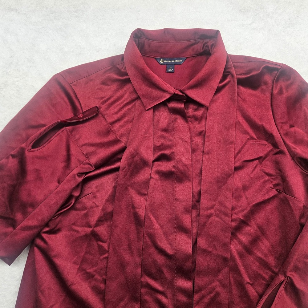 Brooks Brothers Womens Burgundy Satin Tie Neck Blouse Long Sleeve Red Size 12